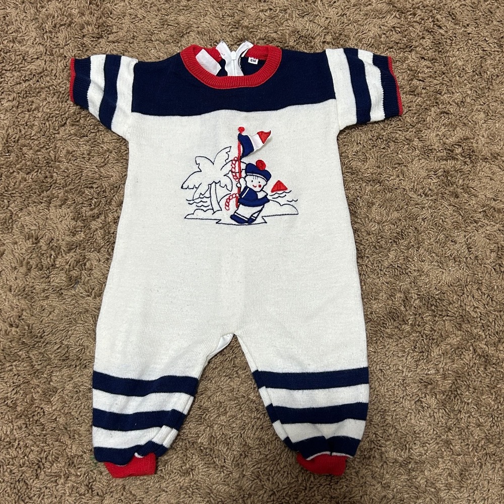 Friemanit Baby Knit Romper 6M White Navy Red Sailor Embroidered One-Piece VTG